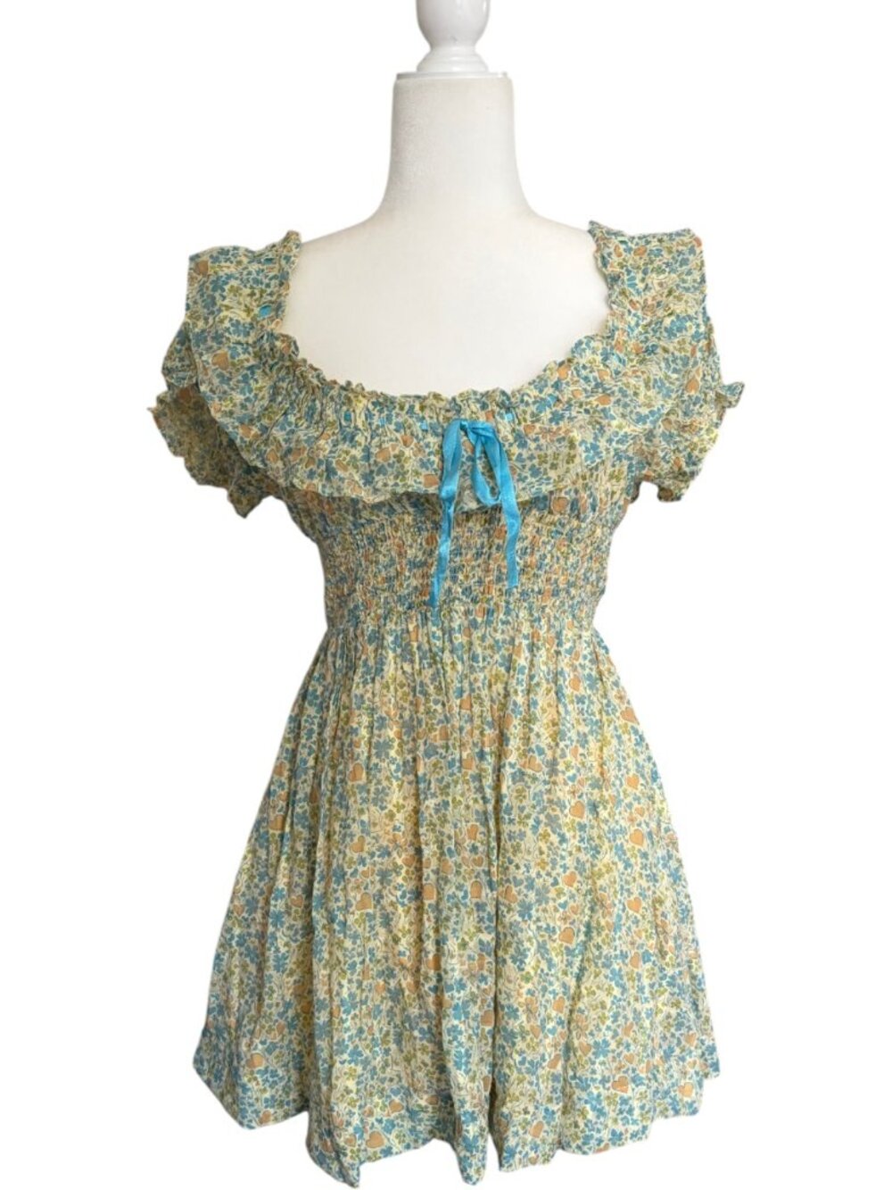Free People Tasha Mini Dress Floral Printed Smocked Ruffle Puff Sleeve Small - Picture 4 of 7